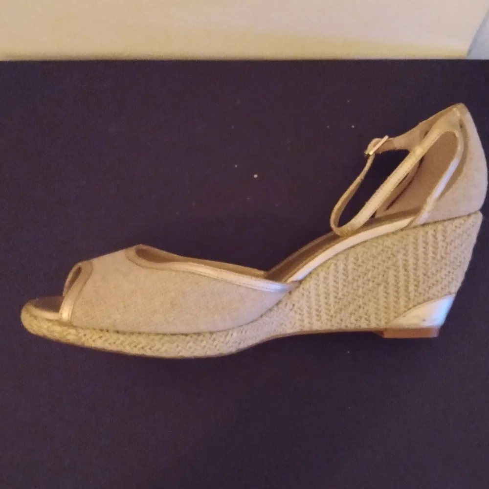 Wedge Peep-Toe Ankle-Strap Sandals in Beige